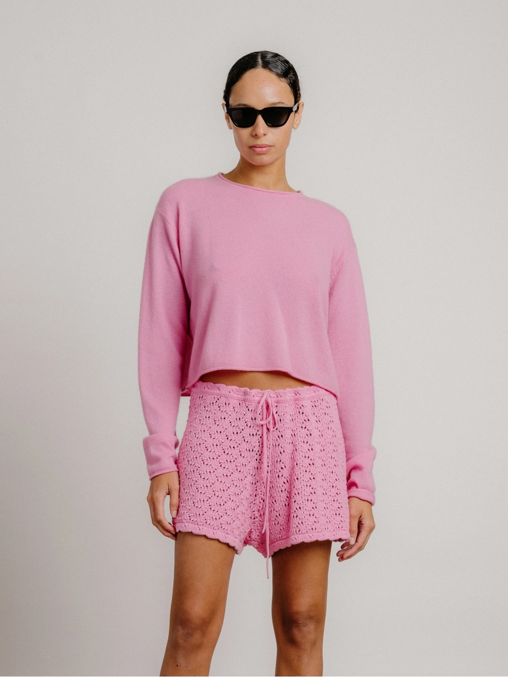 Sablyn Kindra relaxed crochet knit shorts in Dahlia Pink